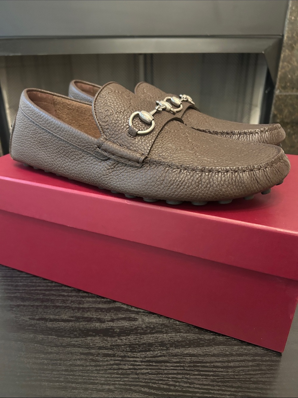 Gucci Embossed Monogram Brown Leather Driving Loafers with Silver Horsebit Detai